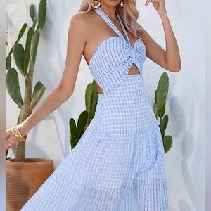 NWT, Lavishly Paris Women's Baby Blue Striped Maxi Dress. Size Medium